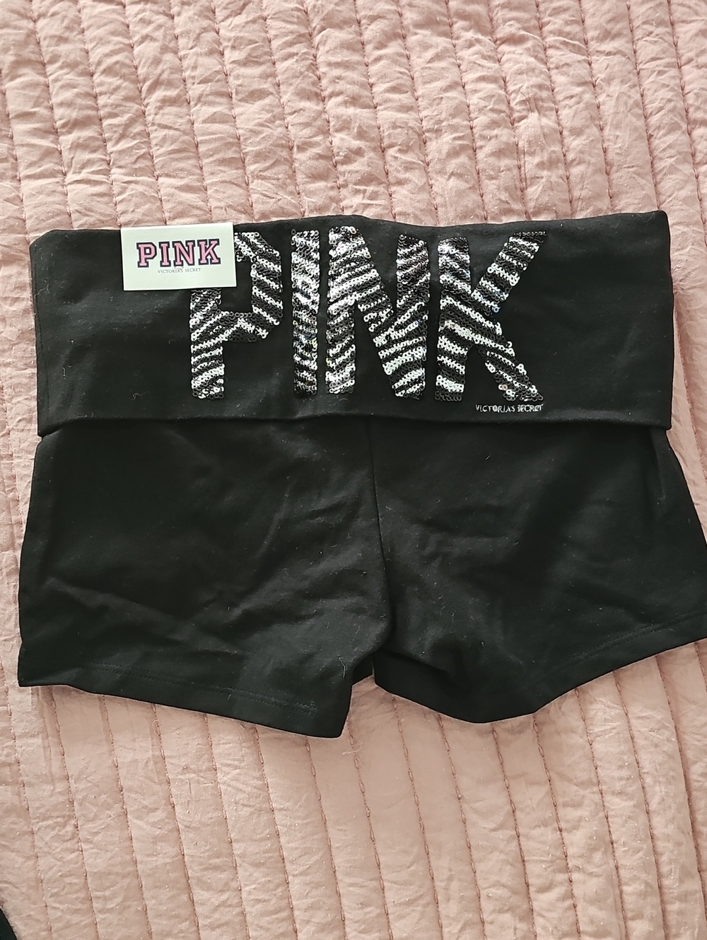 NWT PINK by Victoria's Secret Black Sequin Logo Yoga Shorts Sz XS